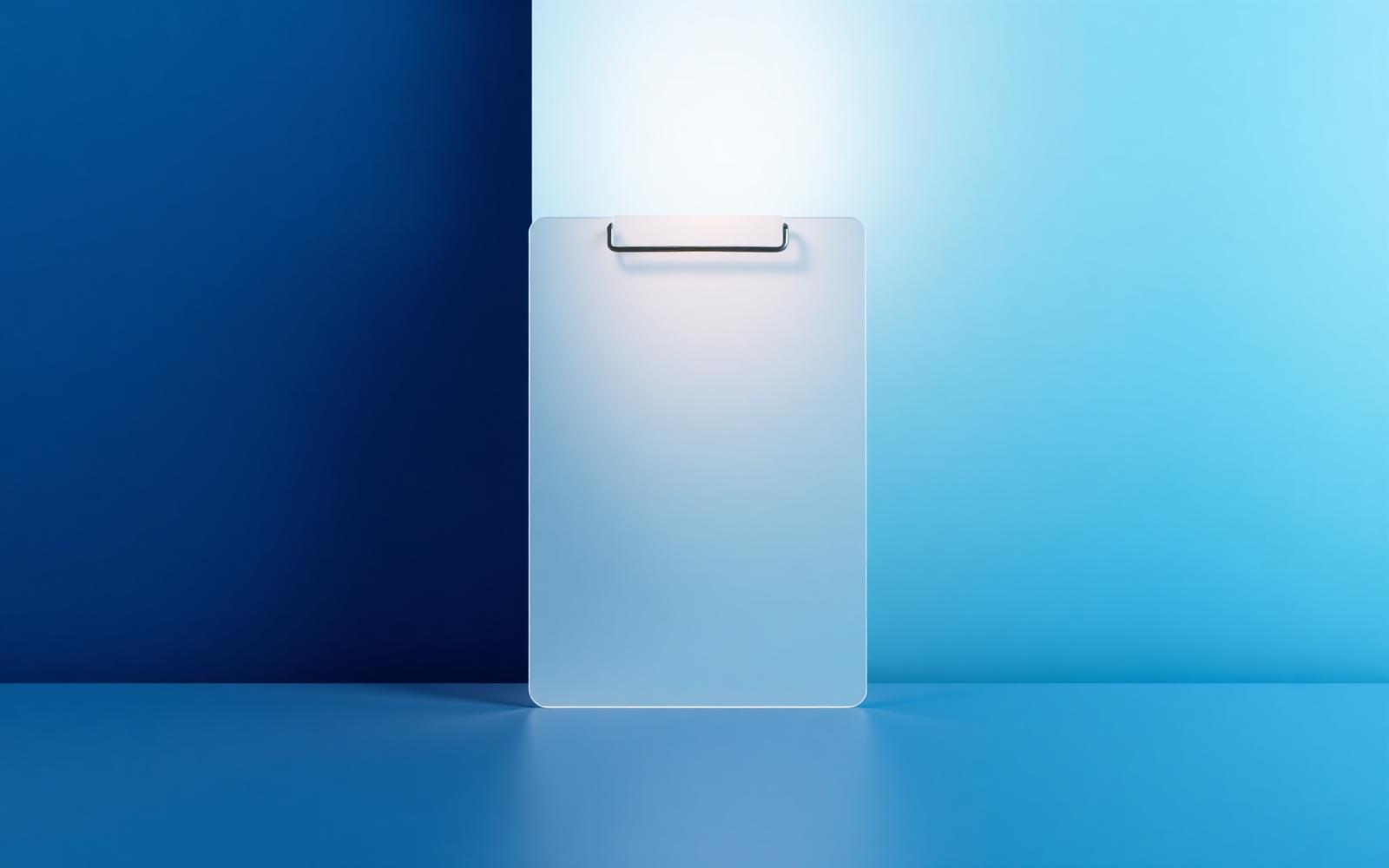 Calm frosted glass clipboard shape against a navy and sky blue gradient