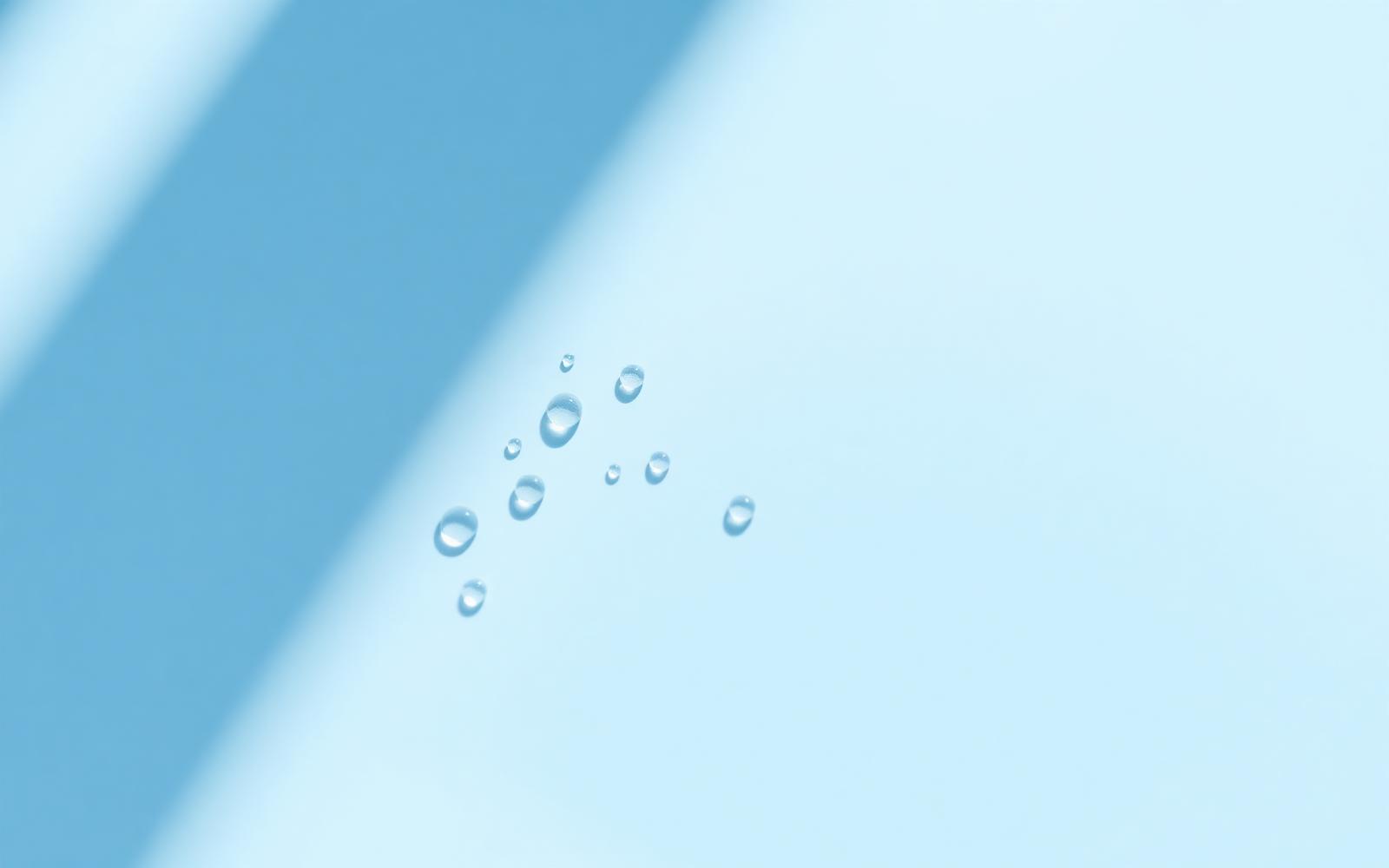 Translucent dew droplets on a smooth pale blue surface