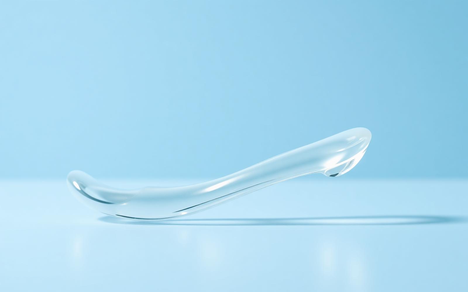 Glossy clear gel ribbon on a pale sky blue background